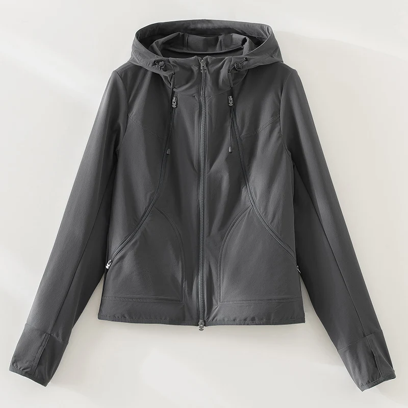 Damen Ultraleichter Kapuzen-Windbreaker mit Zwei-Wege‑Reißverschluss Drune