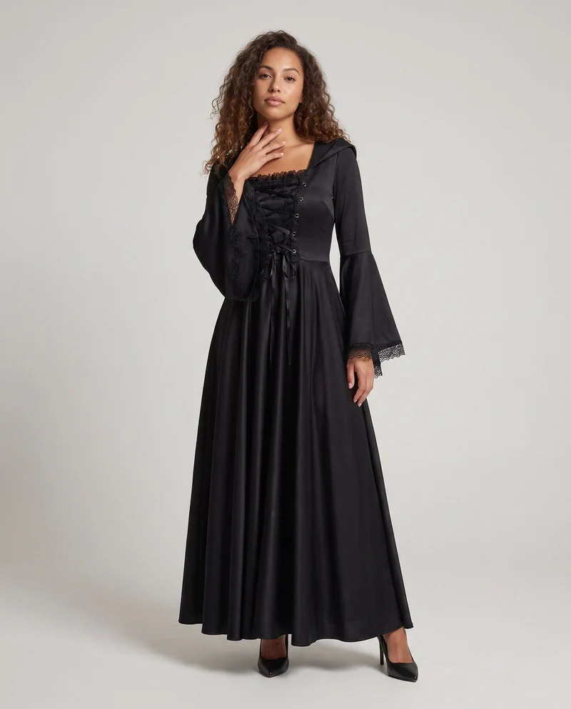 Damen Kapuzenkleid mit weitem Ärmel und Schnürung Drune