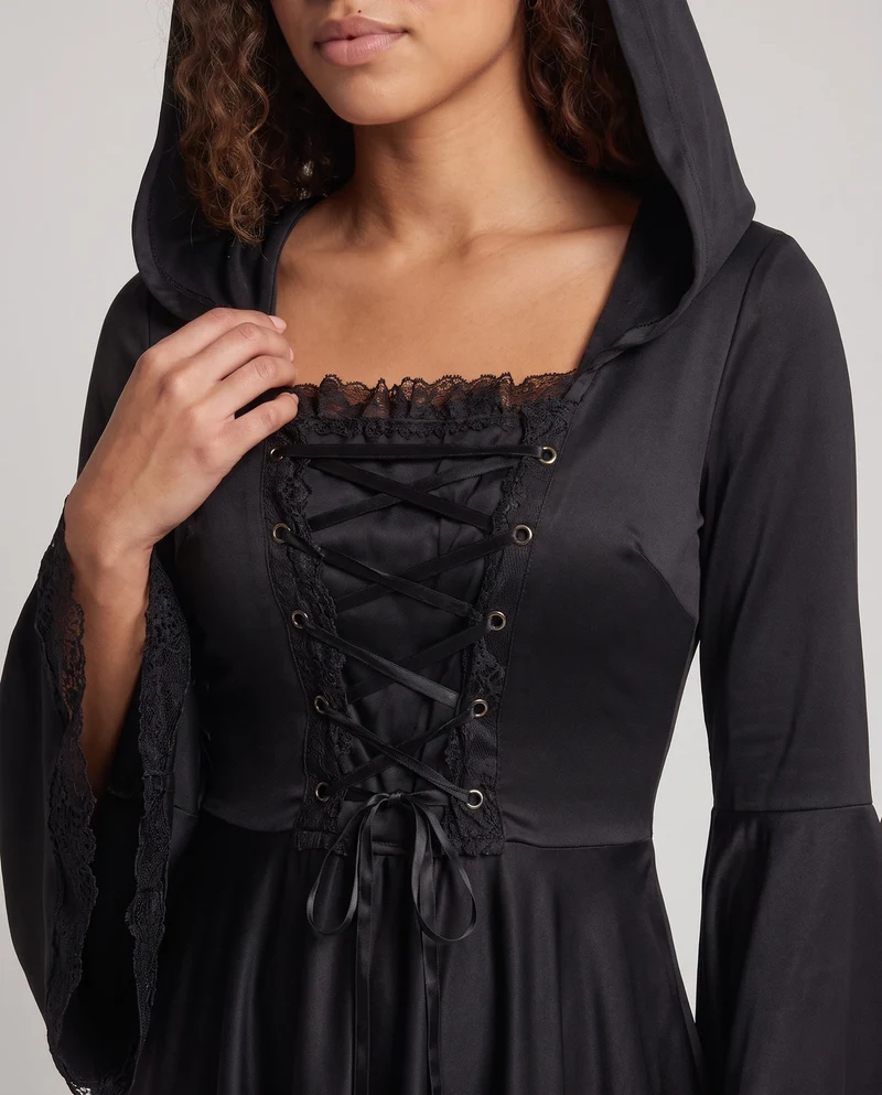 Damen Kapuzenkleid mit weitem Ärmel und Schnürung Drune