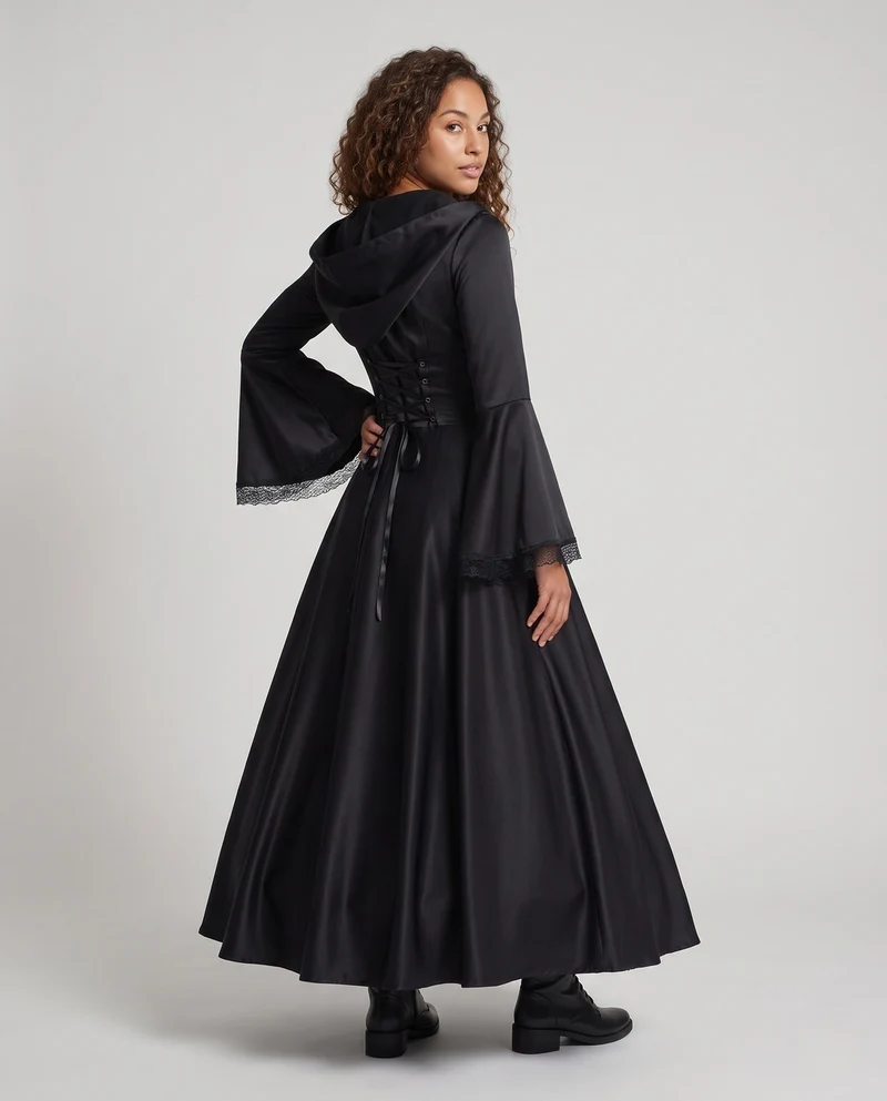 Damen Kapuzenkleid mit weitem Ärmel und Schnürung Drune