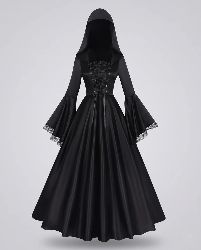 Damen Kapuzenkleid mit weitem Ärmel und Schnürung Drune