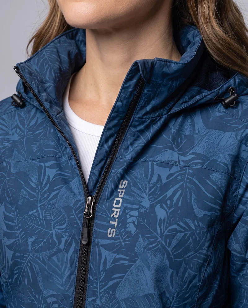 Leichte wasserabweisende Kapuzenjacke für Frauen mit floralem Blattdruck und verstellbarer Kapuze Drune