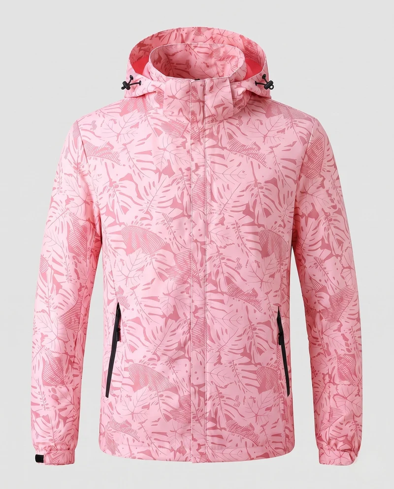 Leichte wasserabweisende Kapuzenjacke für Frauen mit floralem Blattdruck und verstellbarer Kapuze Drune