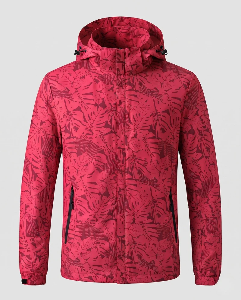Leichte wasserabweisende Kapuzenjacke für Frauen mit floralem Blattdruck und verstellbarer Kapuze Drune