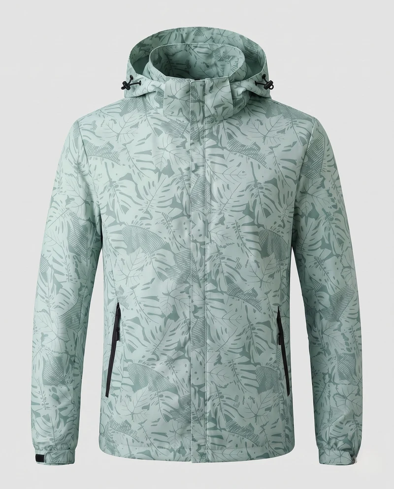 Leichte wasserabweisende Kapuzenjacke für Frauen mit floralem Blattdruck und verstellbarer Kapuze Drune
