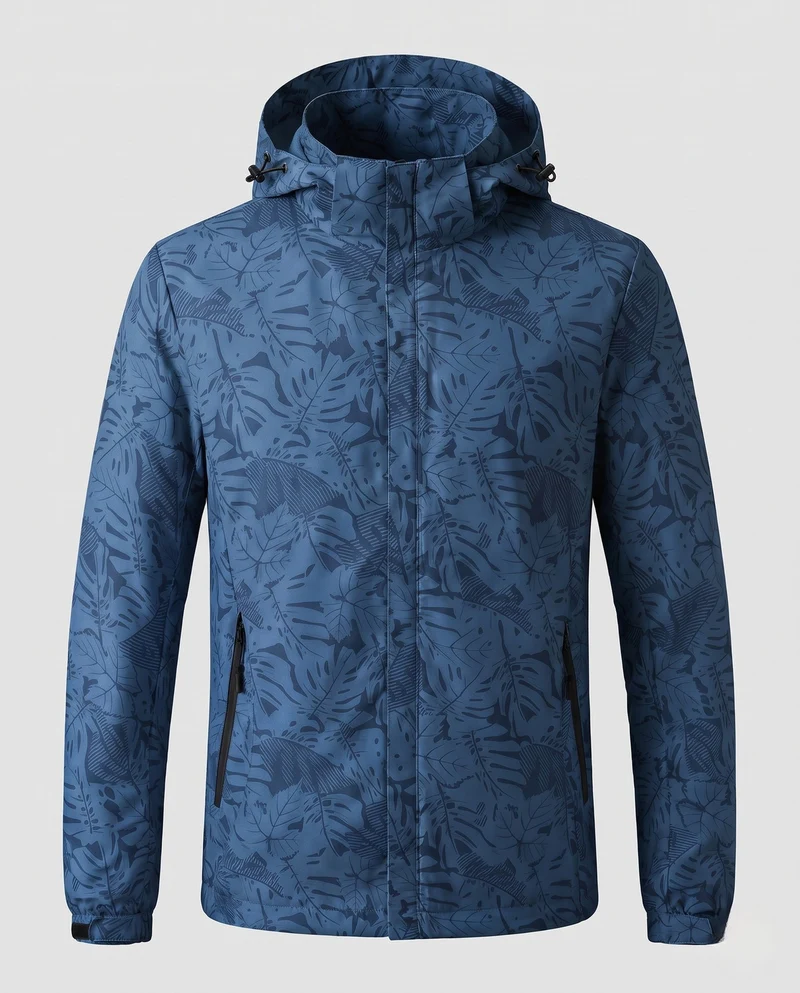Leichte wasserabweisende Kapuzenjacke für Frauen mit floralem Blattdruck und verstellbarer Kapuze Drune