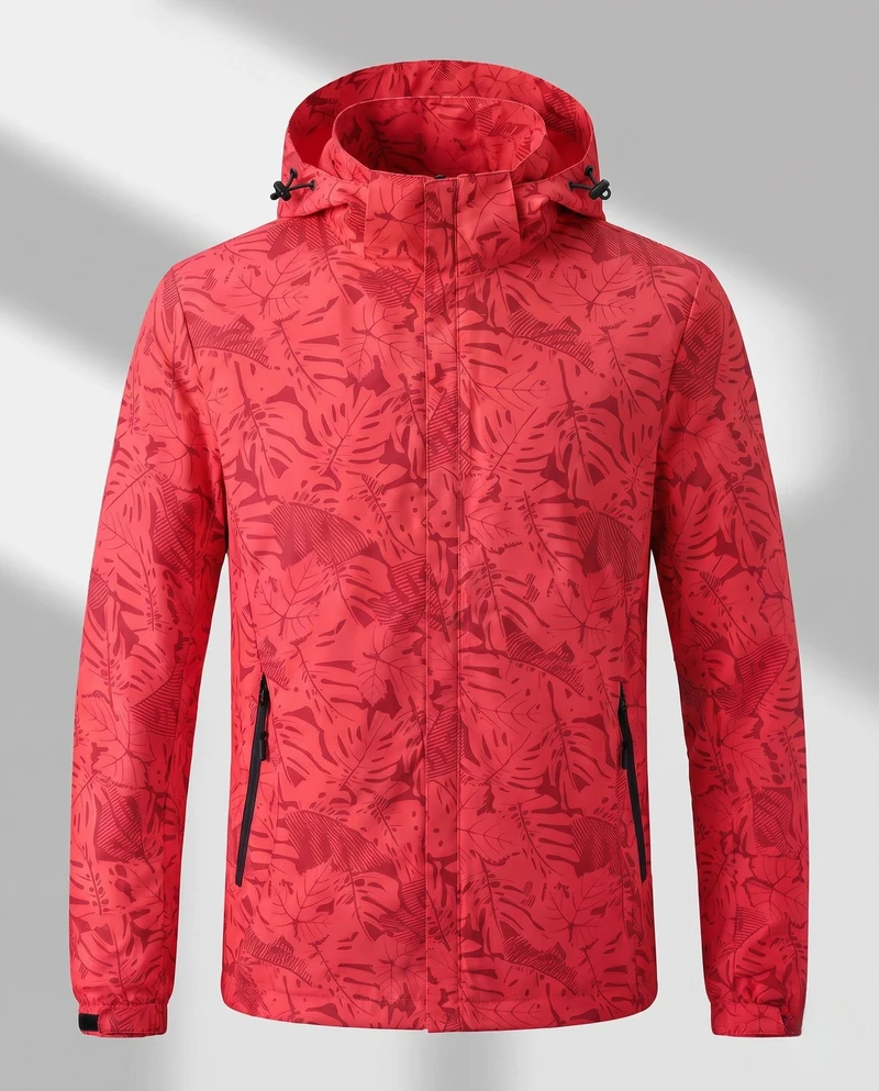 Leichte wasserabweisende Kapuzenjacke für Frauen mit floralem Blattdruck und verstellbarer Kapuze Drune