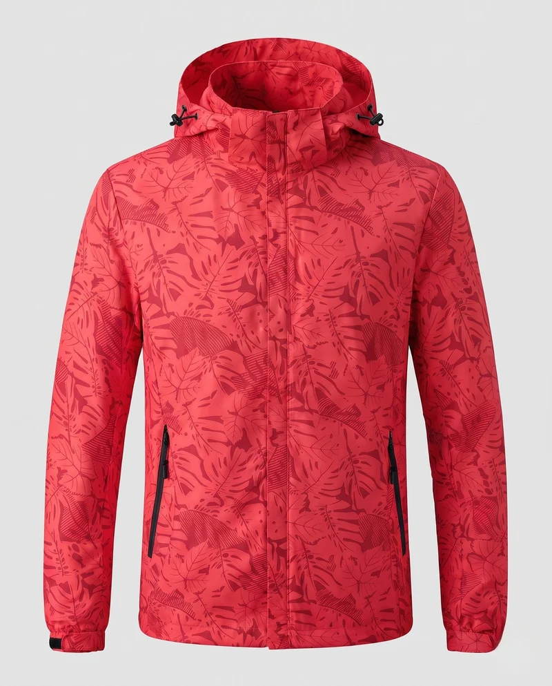 Leichte wasserabweisende Kapuzenjacke für Frauen mit floralem Blattdruck und verstellbarer Kapuze Drune