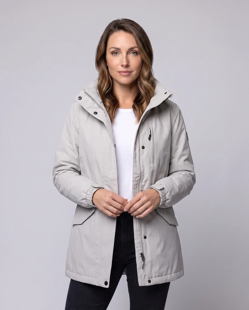 Damen Leichte Wasserdichte Parka mit Kapuze, Stehkragen und Taillierter Passform Drune