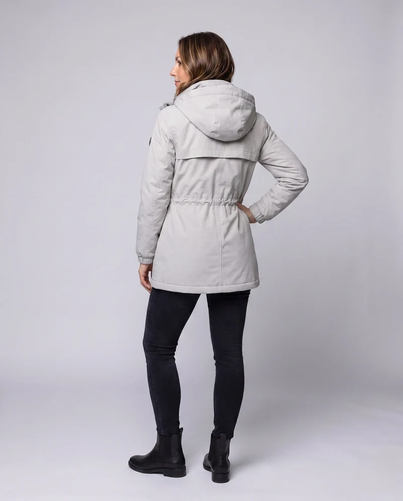 Damen Leichte Wasserdichte Parka mit Kapuze, Stehkragen und Taillierter Passform Drune