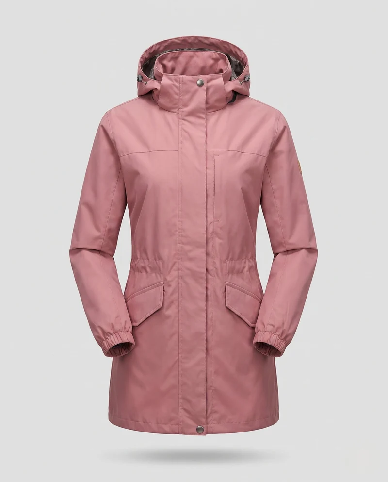 Damen Leichte Wasserdichte Parka mit Kapuze, Stehkragen und Taillierter Passform Drune