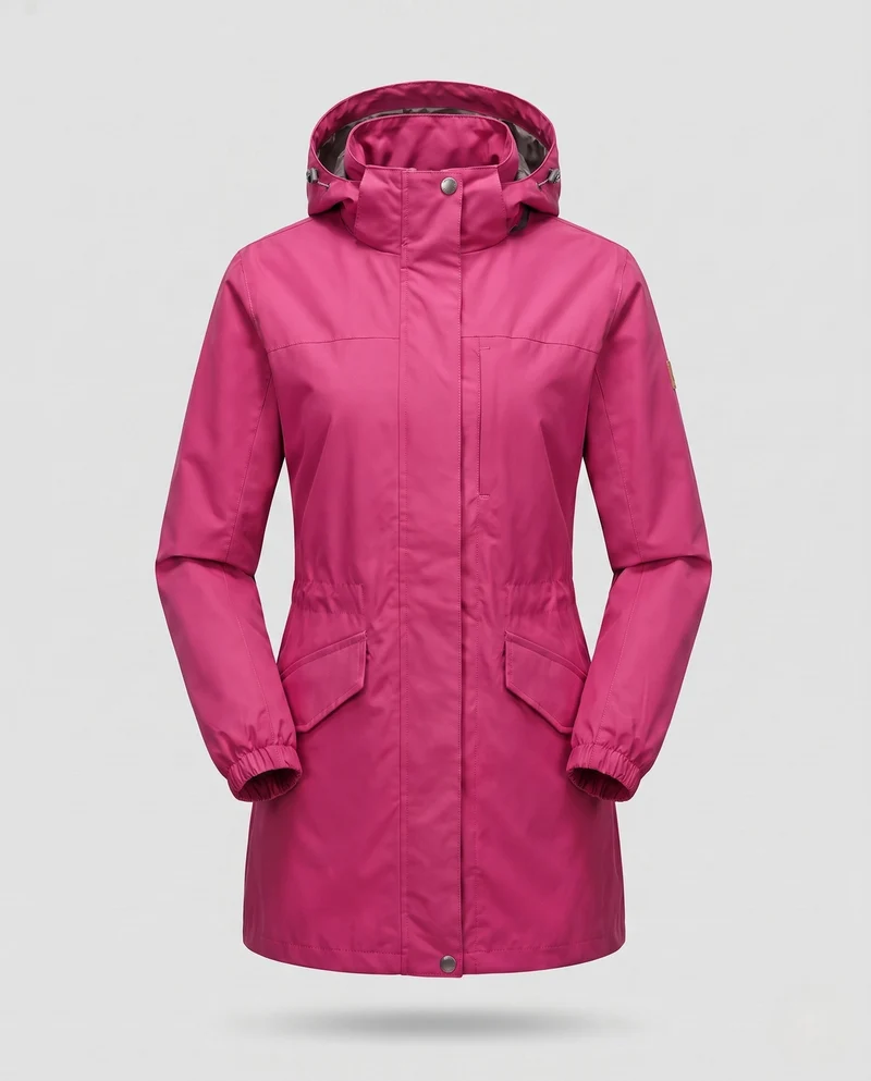 Damen Leichte Wasserdichte Parka mit Kapuze, Stehkragen und Taillierter Passform Drune