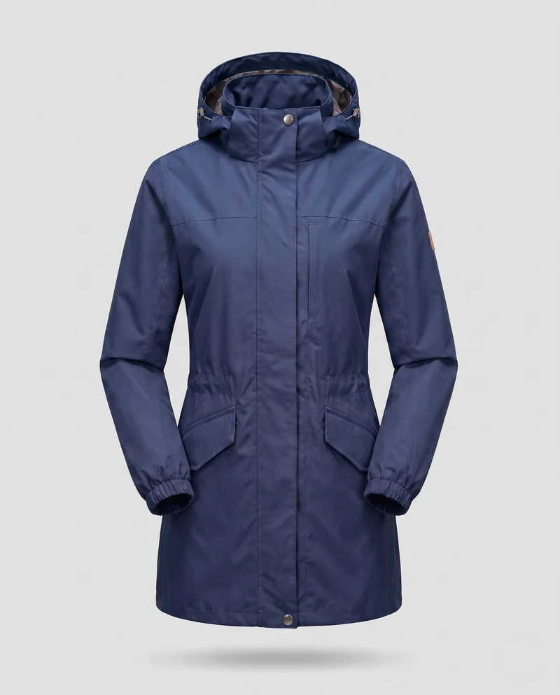 Damen Leichte Wasserdichte Parka mit Kapuze, Stehkragen und Taillierter Passform Drune