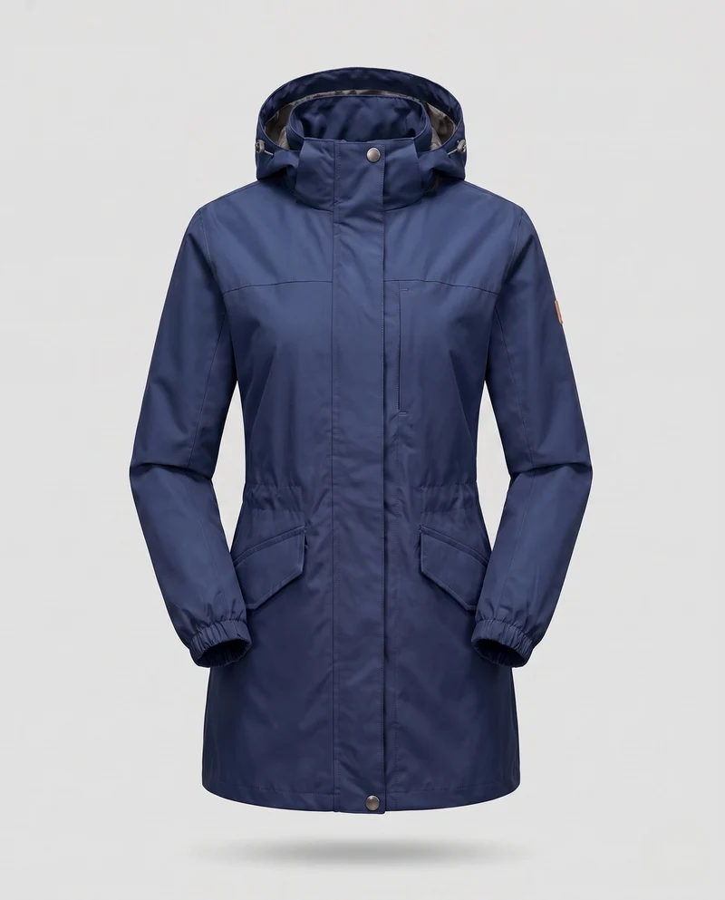 Damen Leichte Wasserdichte Parka mit Kapuze, Stehkragen und Taillierter Passform Drune