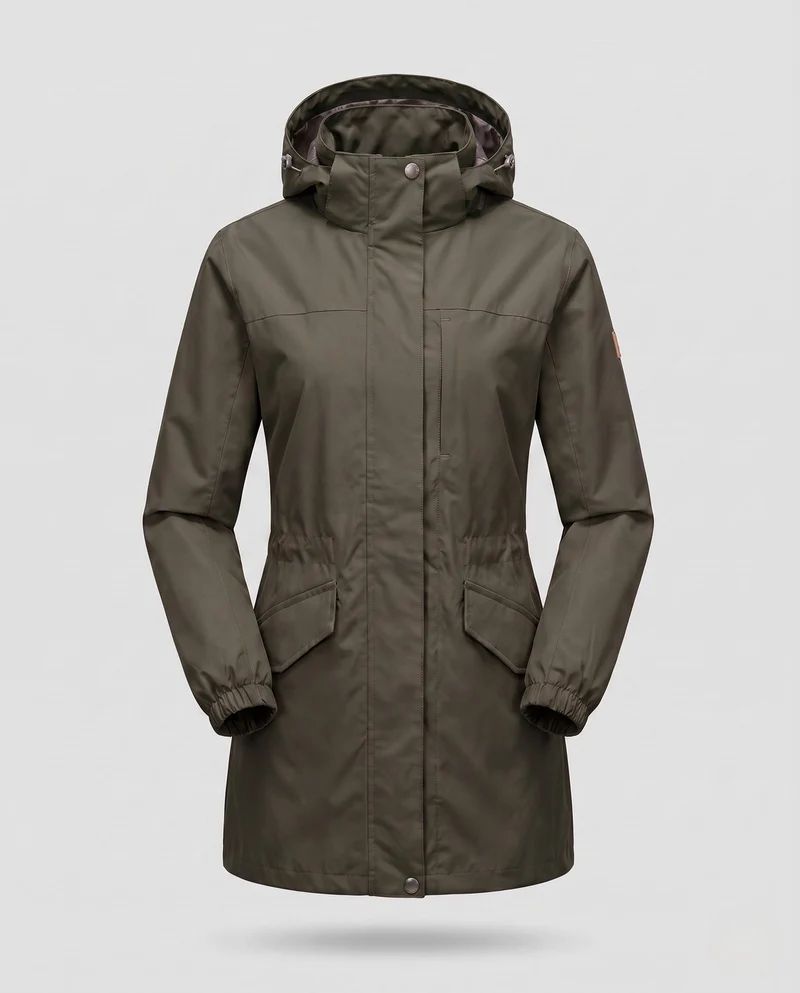 Damen Leichte Wasserdichte Parka mit Kapuze, Stehkragen und Taillierter Passform Drune