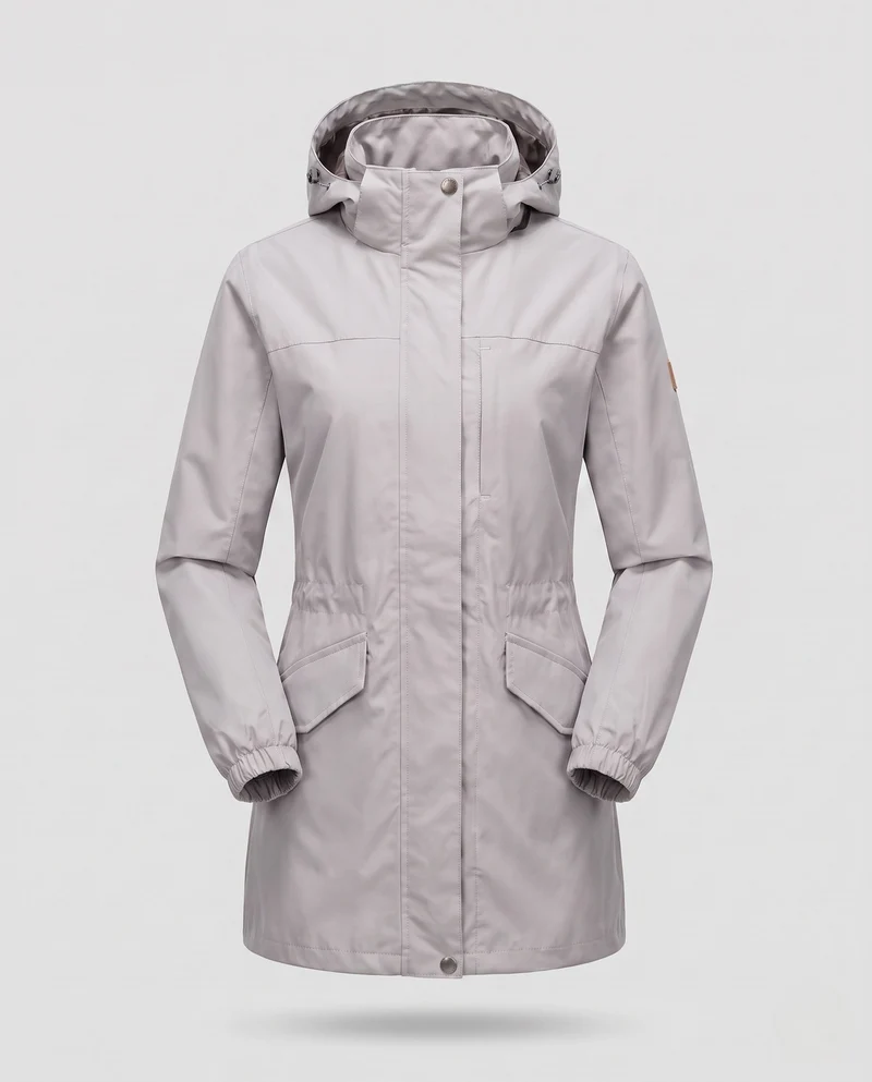 Damen Leichte Wasserdichte Parka mit Kapuze, Stehkragen und Taillierter Passform Drune