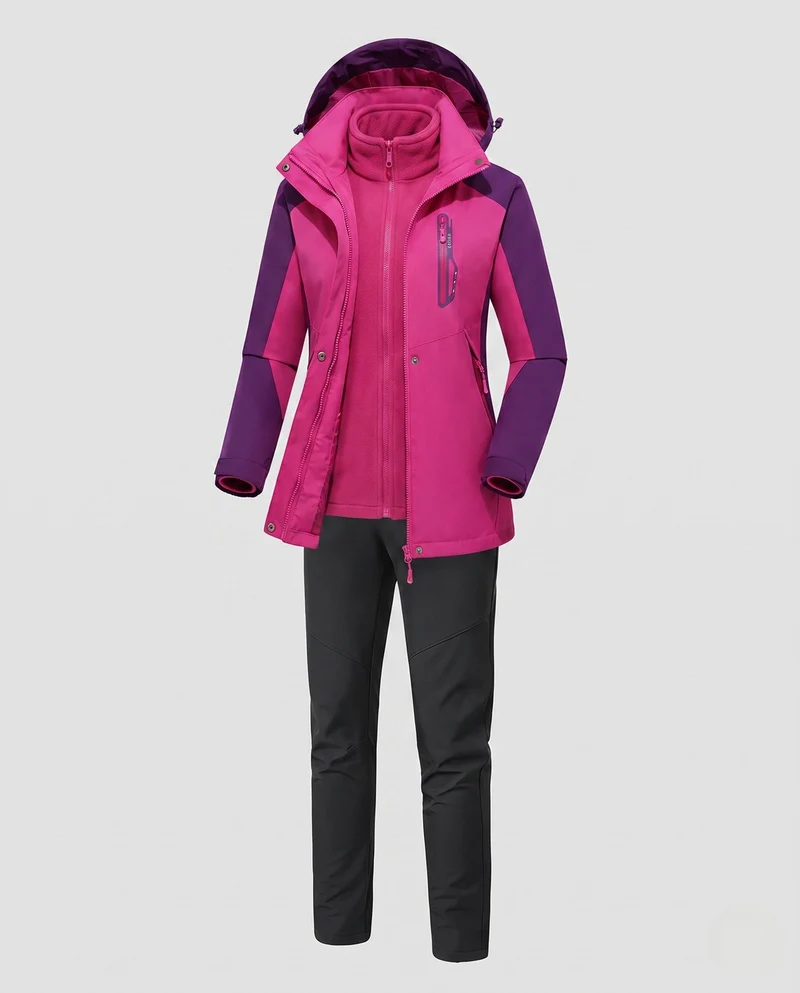 Damen multifunktionale Softshell Outdoorjacke Set mit Fleece Innenjacke und funktionalen Hosen Drune