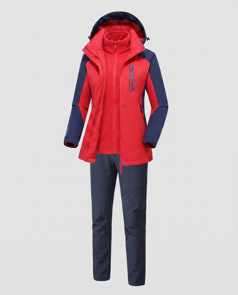 Damen multifunktionale Softshell Outdoorjacke Set mit Fleece Innenjacke und funktionalen Hosen Drune