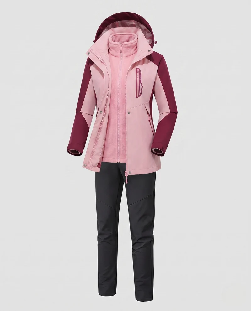 Damen multifunktionale Softshell Outdoorjacke Set mit Fleece Innenjacke und funktionalen Hosen Drune