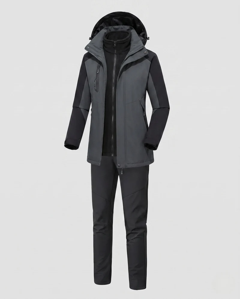 Damen multifunktionale Softshell Outdoorjacke Set mit Fleece Innenjacke und funktionalen Hosen Drune
