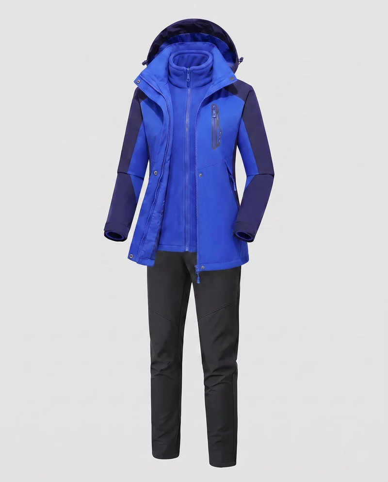 Damen multifunktionale Softshell Outdoorjacke Set mit Fleece Innenjacke und funktionalen Hosen Drune