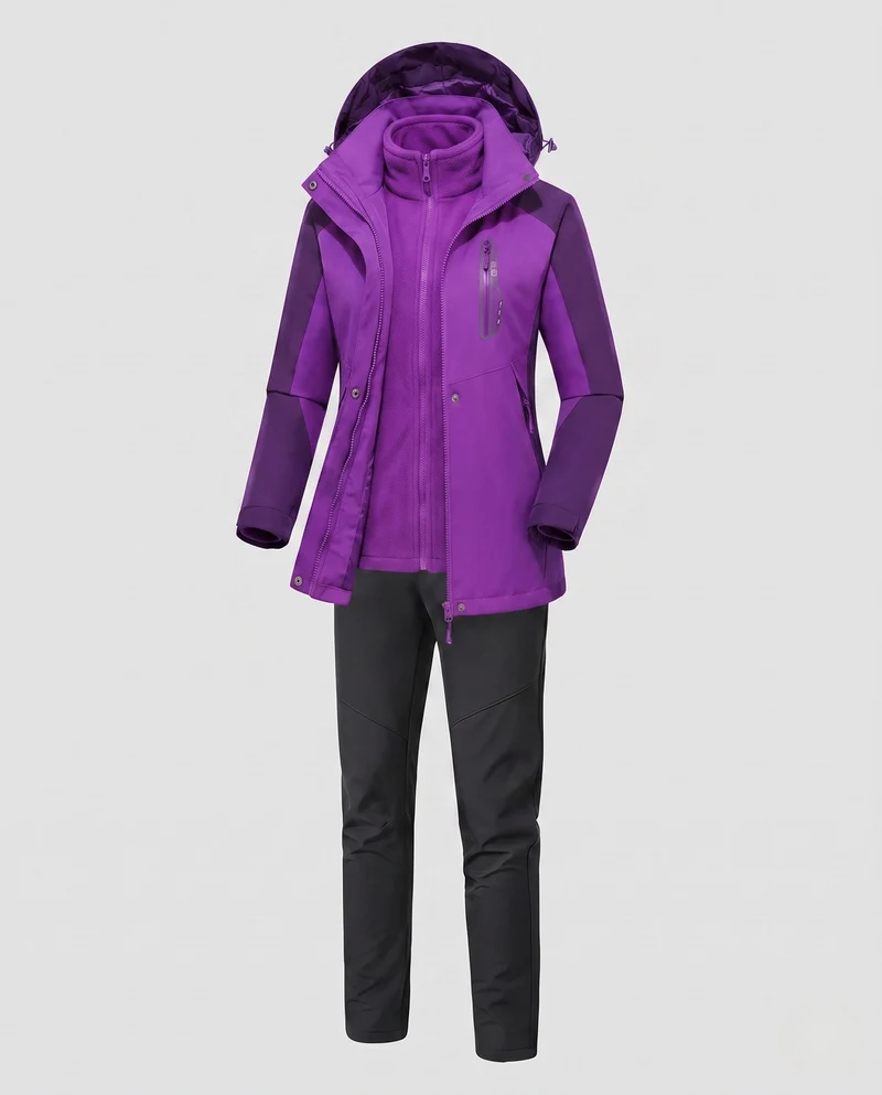 Damen multifunktionale Softshell Outdoorjacke Set mit Fleece Innenjacke und funktionalen Hosen Drune