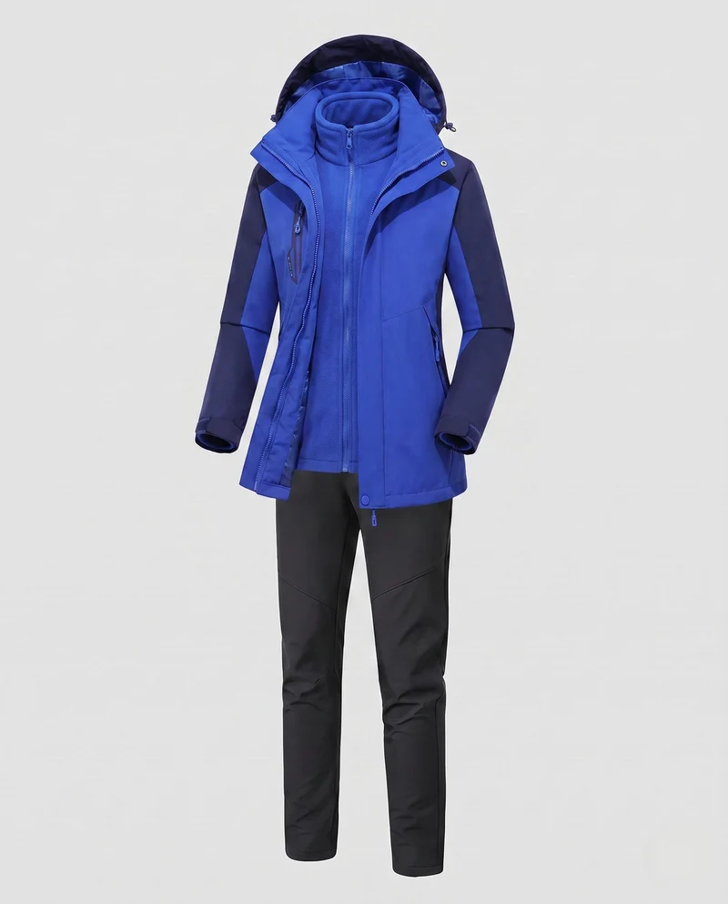 Damen multifunktionale Softshell Outdoorjacke Set mit Fleece Innenjacke und funktionalen Hosen Drune