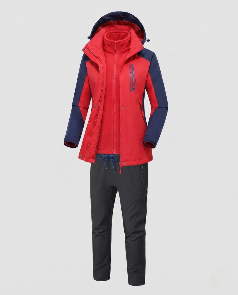 Damen multifunktionale Softshell Outdoorjacke Set mit Fleece Innenjacke und funktionalen Hosen Drune