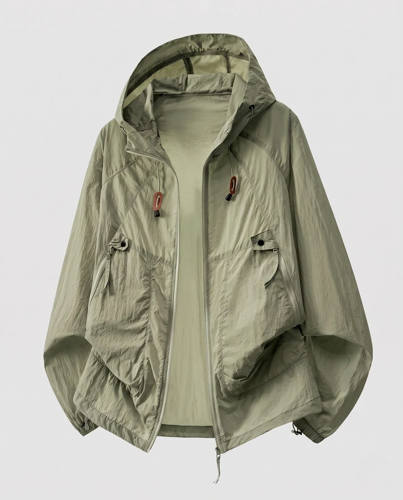 Damen ultraleichte Outdoor-Jacke mit verstellbarem Kapuzenkragen Drune