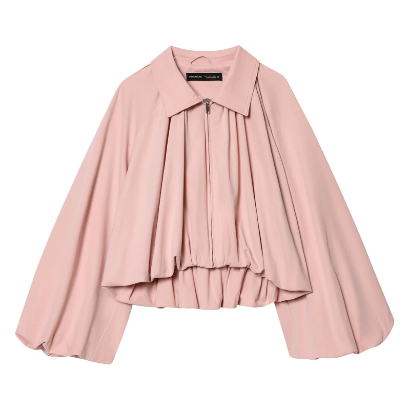 Damen nan weite Plissee Capejacke mit Umlegekragen Reißverschluss und elastischem Saum Drune