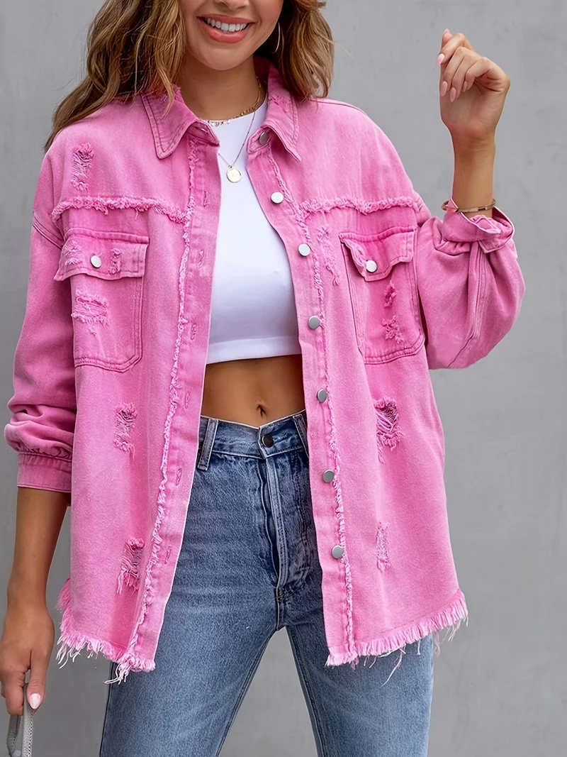 Damen oversized Jeansjacke mit fransigen Säumen und aufgesetzten Taschen Drune