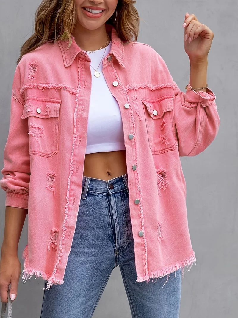 Damen oversized Jeansjacke mit fransigen Säumen und aufgesetzten Taschen Drune