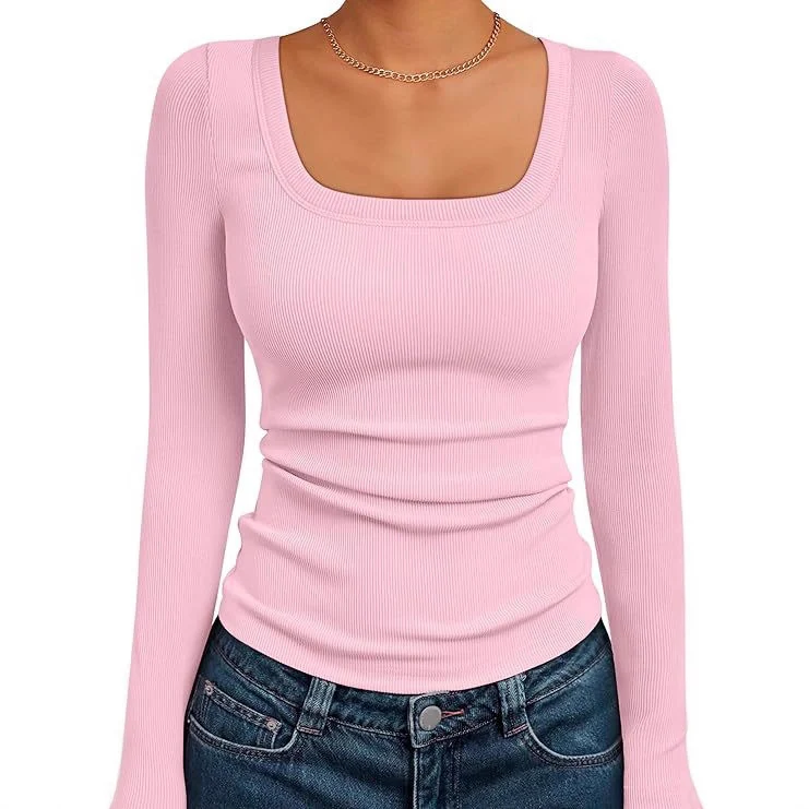 Damen Figurnahes Ripp-Langarmshirt mit weitem Carré-Ausschnitt und Stretch-Baumwollmix Drune