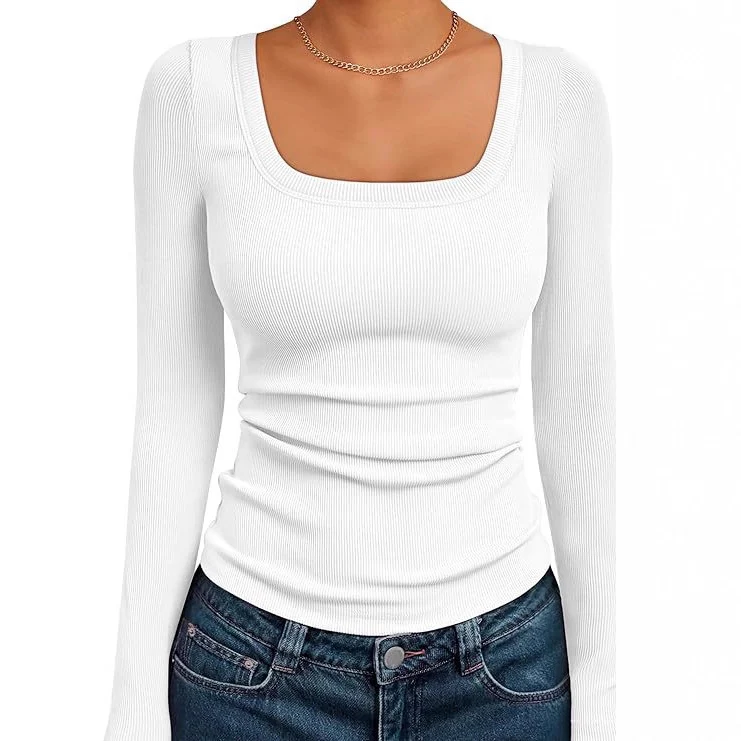 Damen Figurnahes Ripp-Langarmshirt mit weitem Carré-Ausschnitt und Stretch-Baumwollmix Drune