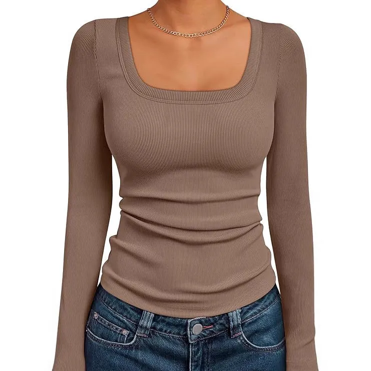 Damen Figurnahes Ripp-Langarmshirt mit weitem Carré-Ausschnitt und Stretch-Baumwollmix Drune