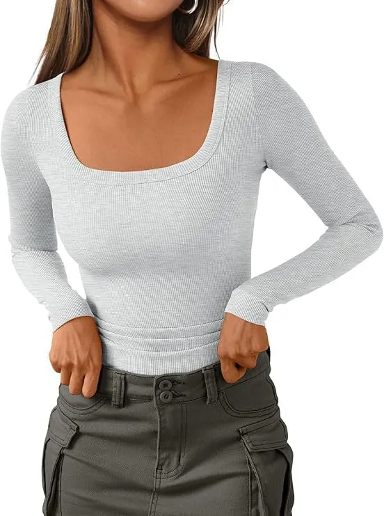 Damen Figurnahes Ripp-Langarmshirt mit weitem Carré-Ausschnitt und Stretch-Baumwollmix Drune
