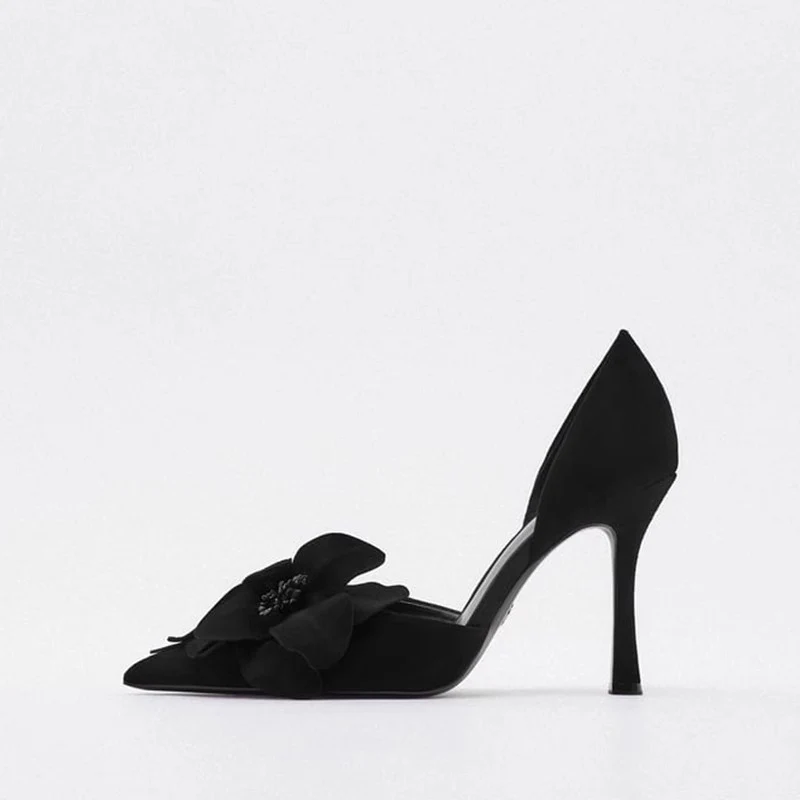 Damen Spitz zulaufende Abend‑D'Orsay‑Pumps mit handgefertigter 3D‑Blütenapplikation und sculpted Stiletto Drune