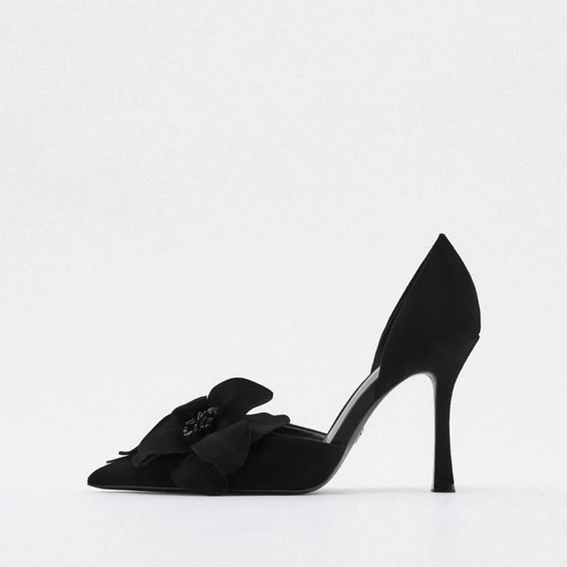 Damen Spitz zulaufende Abend‑D'Orsay‑Pumps mit handgefertigter 3D‑Blütenapplikation und sculpted Stiletto Drune