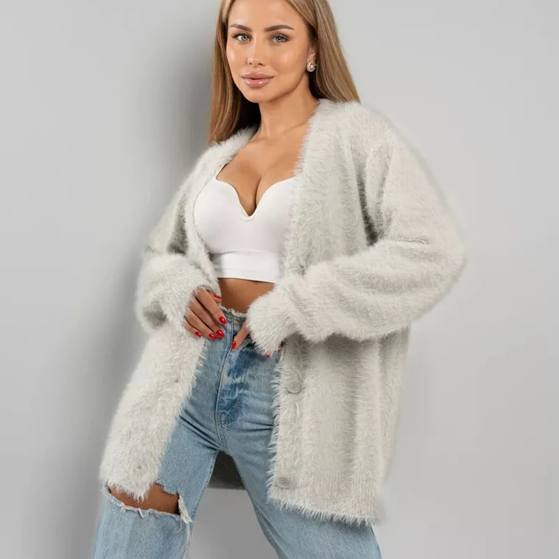 Damen kuscheliger Cardigan aus Mohair-Mix mit Knopfverschluss Drune