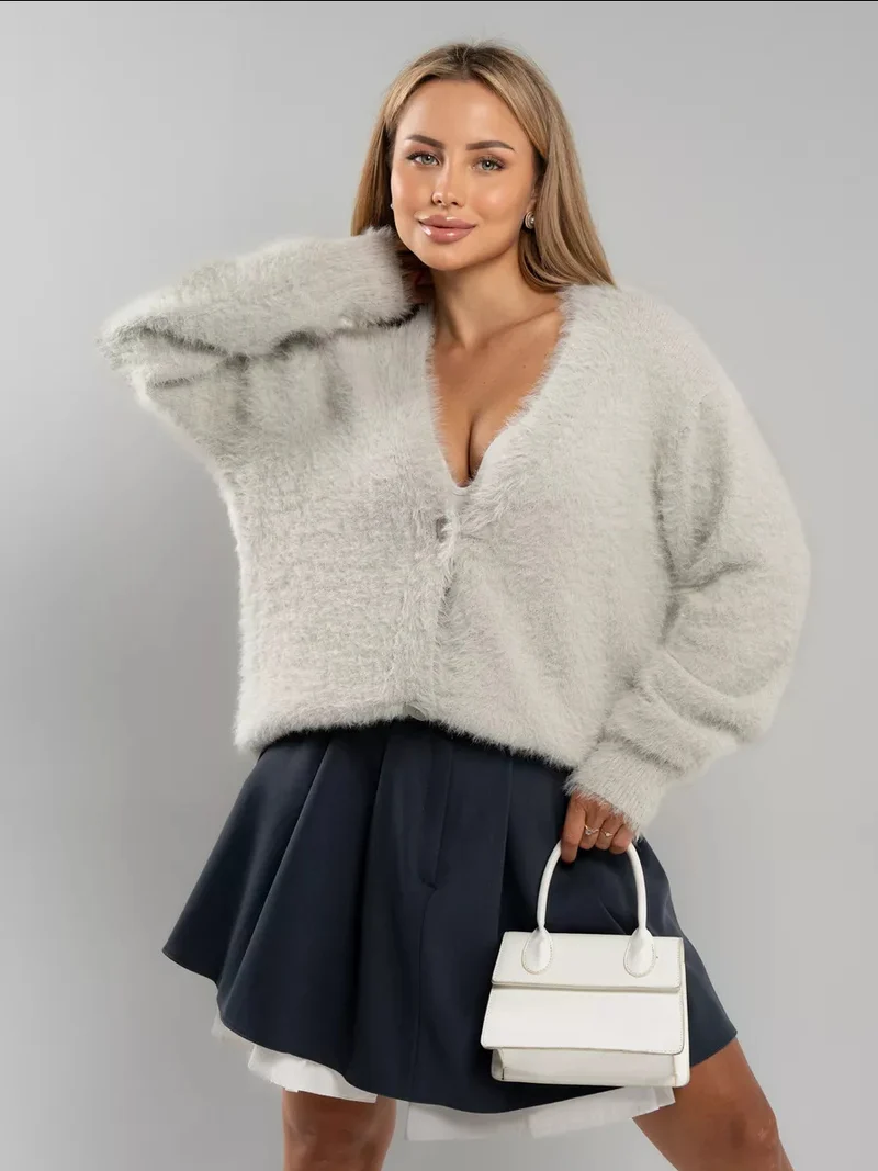 Damen kuscheliger Cardigan aus Mohair-Mix mit Knopfverschluss Drune