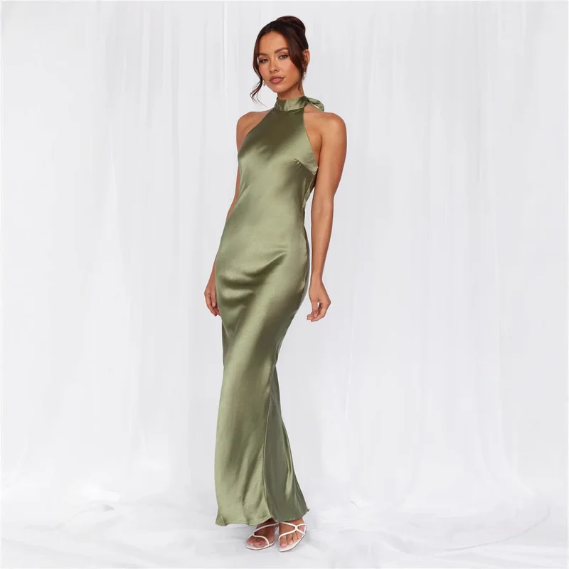 Damen Elegantes Satin-Maxikleid mit hohem Kragen und körpernahem Schnitt Drune