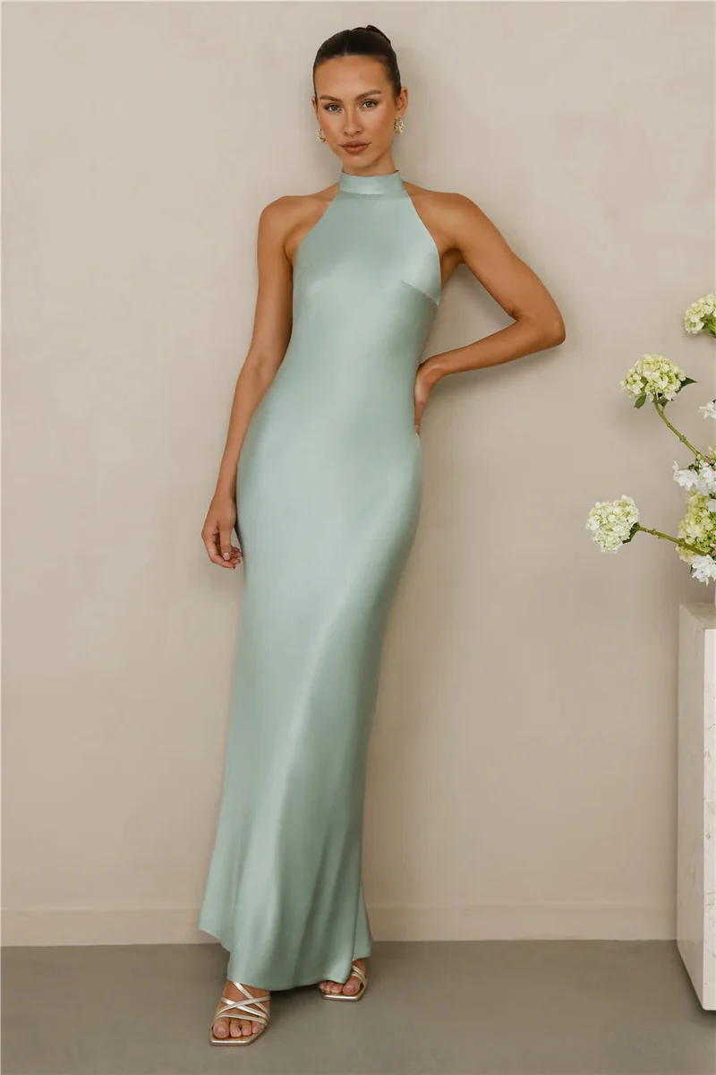Damen Elegantes Satin-Maxikleid mit hohem Kragen und körpernahem Schnitt Drune