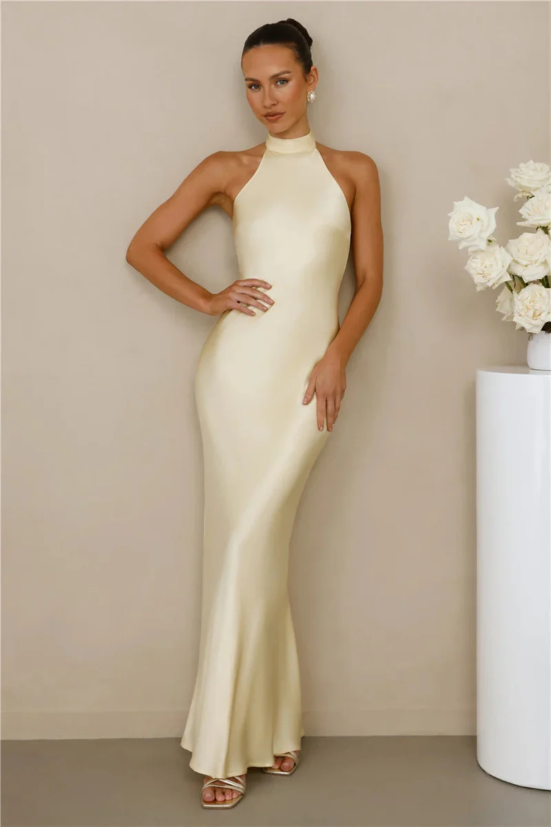 Damen Elegantes Satin-Maxikleid mit hohem Kragen und körpernahem Schnitt Drune