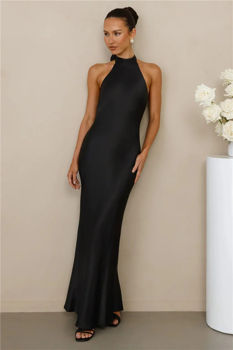 Damen Elegantes Satin-Maxikleid mit hohem Kragen und körpernahem Schnitt Drune