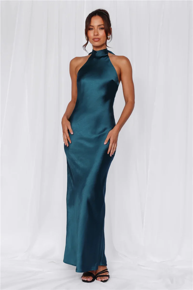 Damen Elegantes Satin-Maxikleid mit hohem Kragen und körpernahem Schnitt Drune