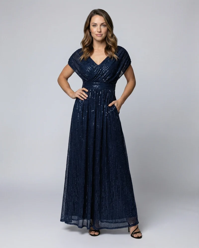 Damen bodenlanges V-Ausschnitt-Abendkleid aus Glanztüll