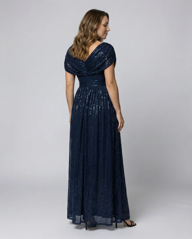 Damen bodenlanges V-Ausschnitt-Abendkleid aus Glanztüll