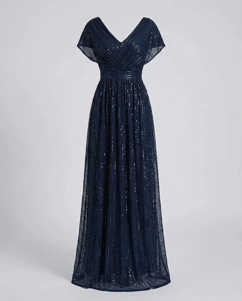 Damen bodenlanges V-Ausschnitt-Abendkleid aus Glanztüll