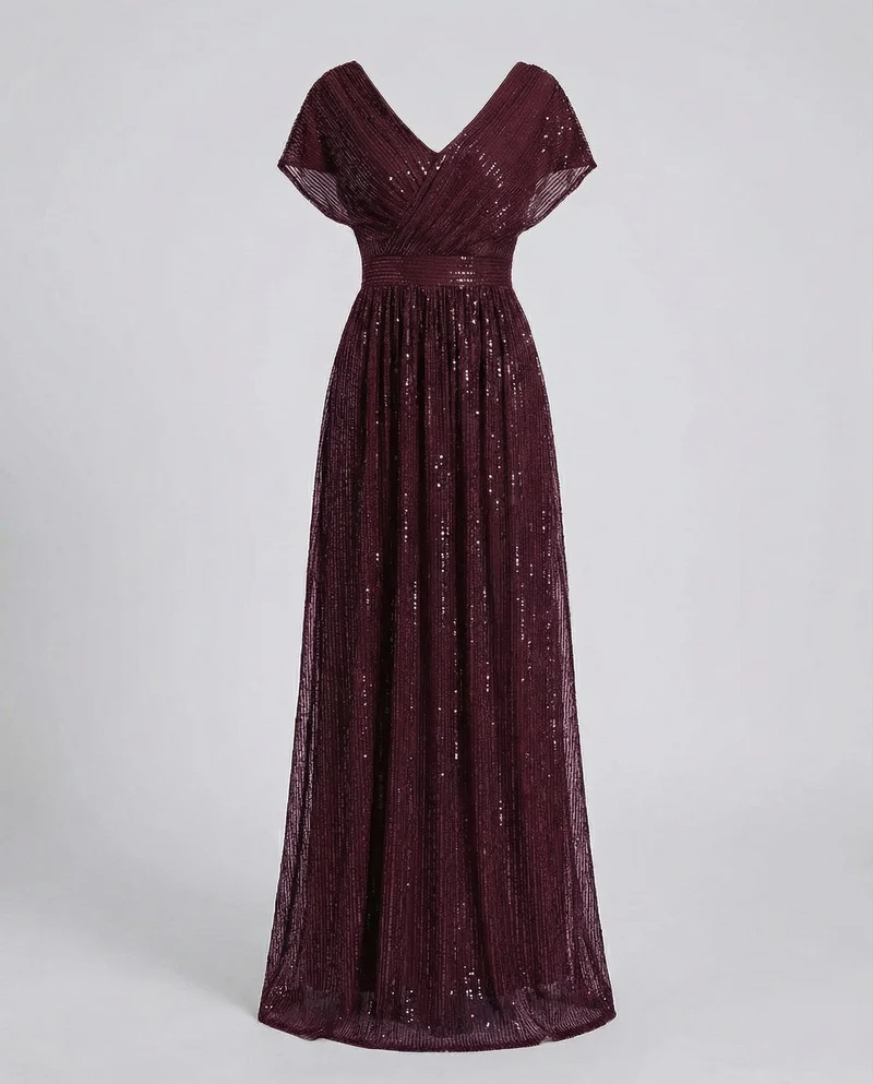 Damen bodenlanges V-Ausschnitt-Abendkleid aus Glanztüll