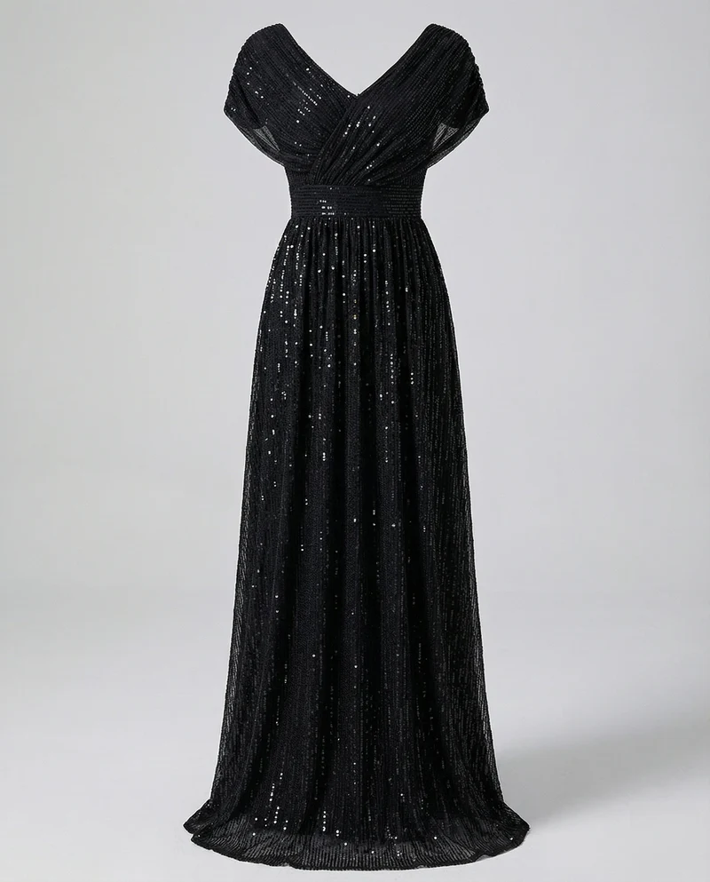 Damen bodenlanges V-Ausschnitt-Abendkleid aus Glanztüll
